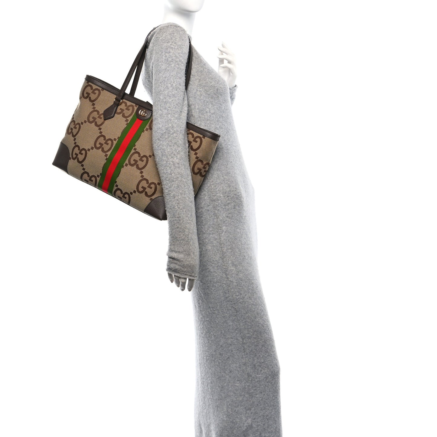 Monogram Jumbo GG Textured Dollar Calfskin Web Medium Ophidia Shopping Tote Camel Ebony