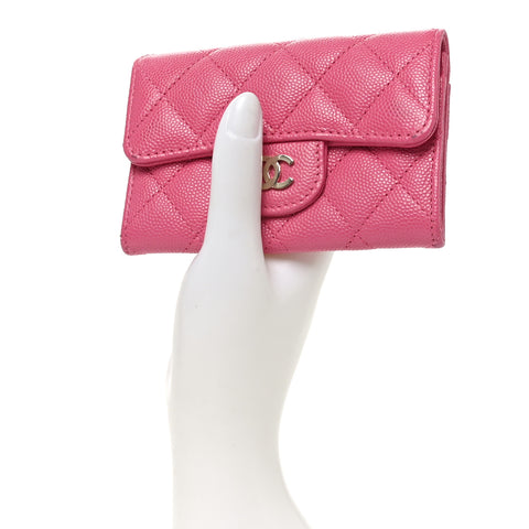 Caviar Quilted Flap Card Holder Wallet Pink