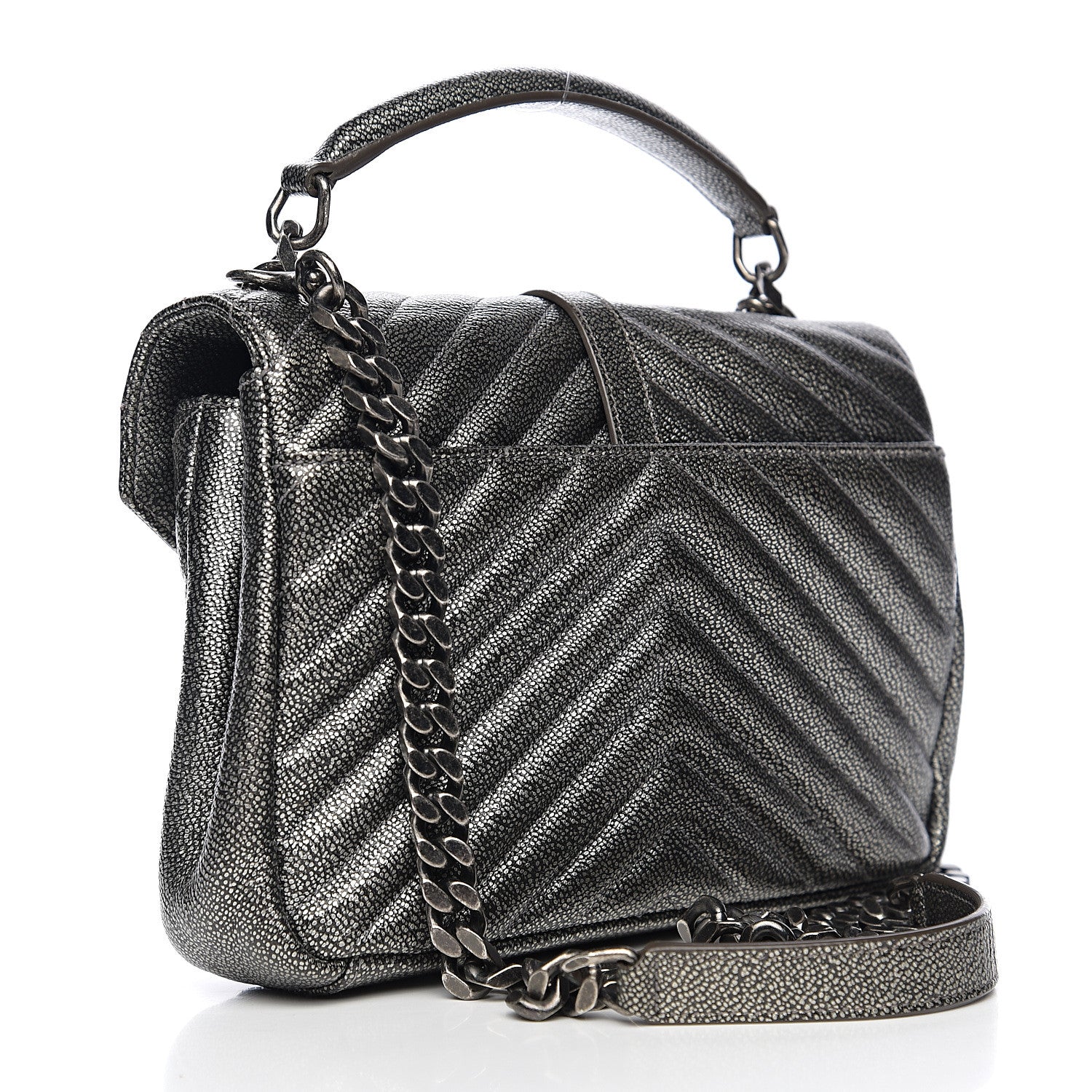 Saint Laurent Metallic Grain De Poudre Matelasse Chevron Monogram Medium College Bag Gunmetal 2 of 9