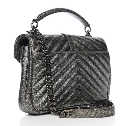 Saint Laurent Metallic Grain De Poudre Matelasse Chevron Monogram Medium College Bag Gunmetal 2 of 9