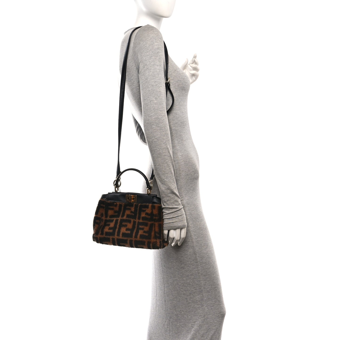 Shearling Nappa Macro FF 1974 Mini Peekaboo Iconic Satchel Tobacco Black