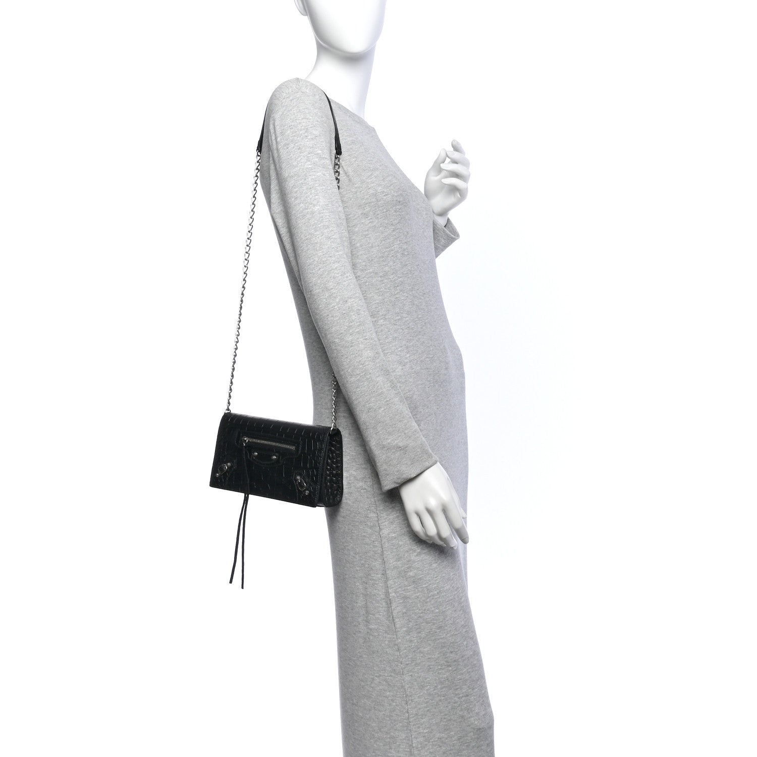 Balenciaga Crocodile Embossed Calfskin Classic Silver Hardware Le City Wallet On Chain Black 2 of 9