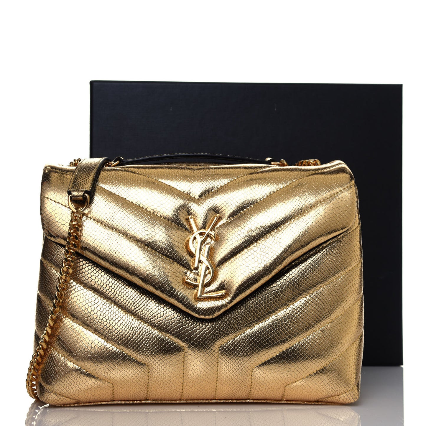Snake Embossed Lame Y Quilted Small Loulou Monogram Chain Satchel Oro