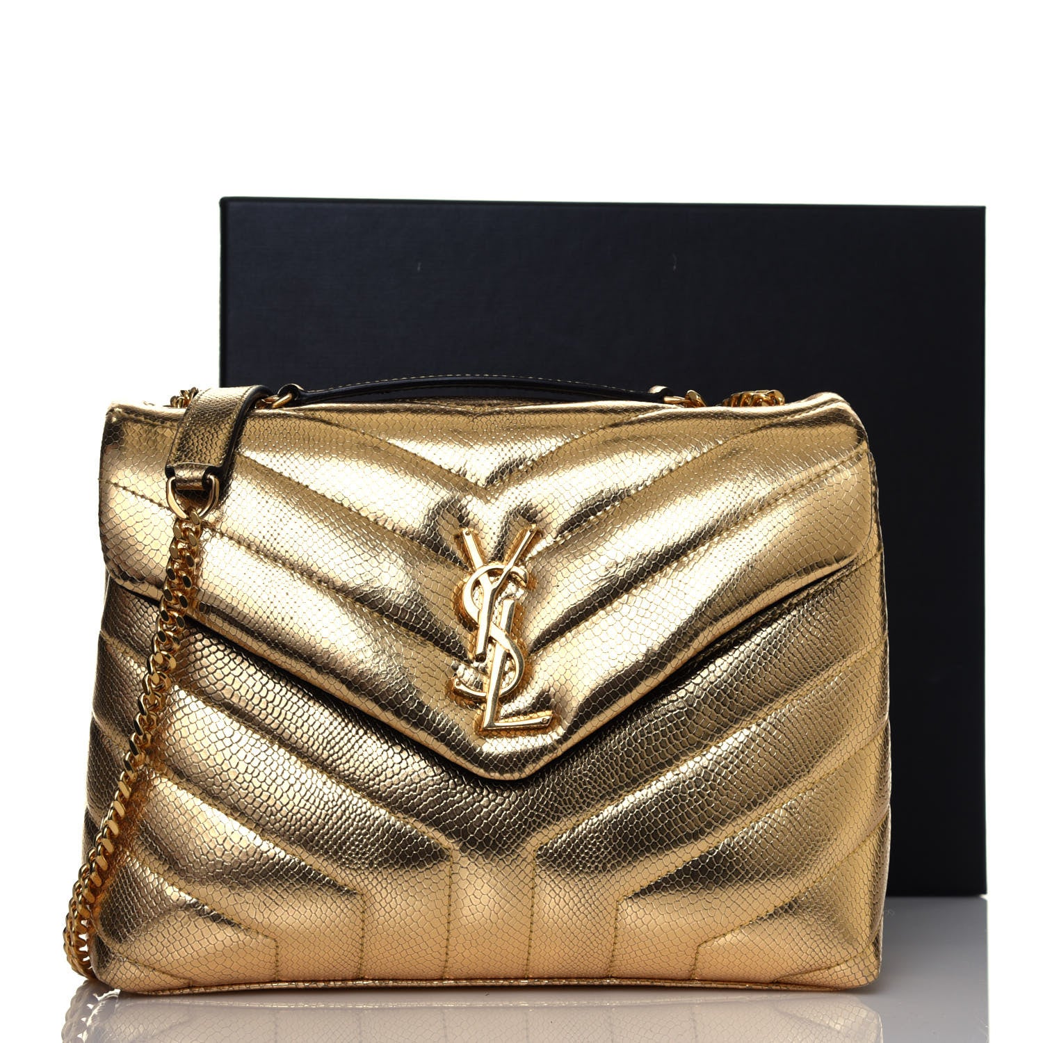Saint Laurent Snake Embossed Lame Y Quilted Small Loulou Monogram Chain Satchel Oro 13 of 13