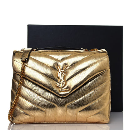 Saint Laurent Snake Embossed Lame Y Quilted Small Loulou Monogram Chain Satchel Oro 13 of 13