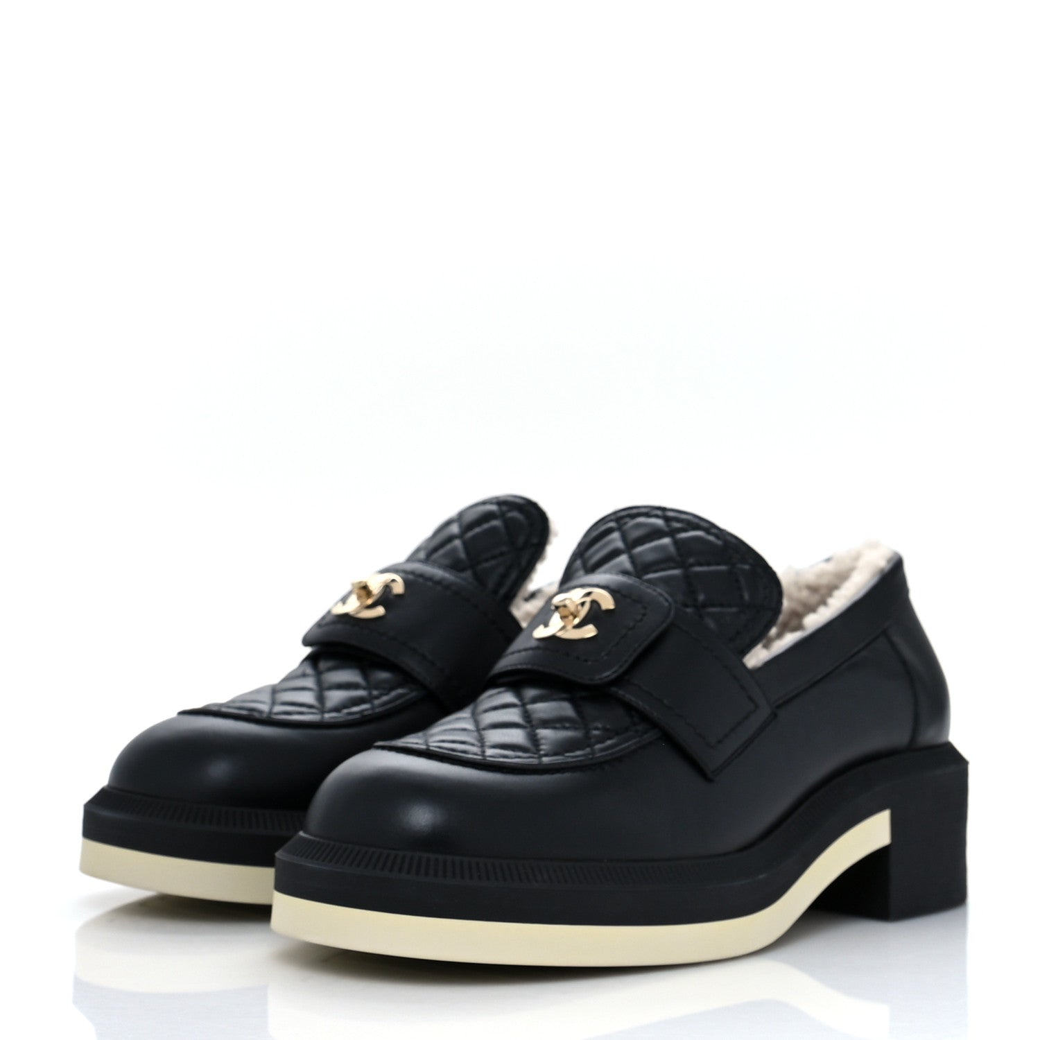 Chanel Lambskin Shearling Quilted CC Turnlock Loafers 40 Black 3 of 9