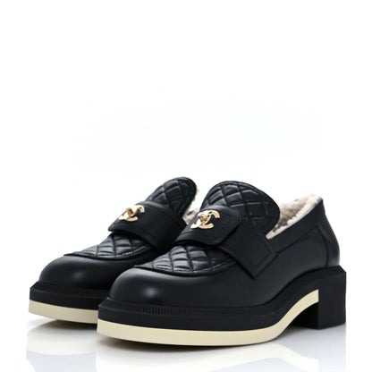 Chanel Lambskin Shearling Quilted CC Turnlock Loafers 40 Black 3 of 9