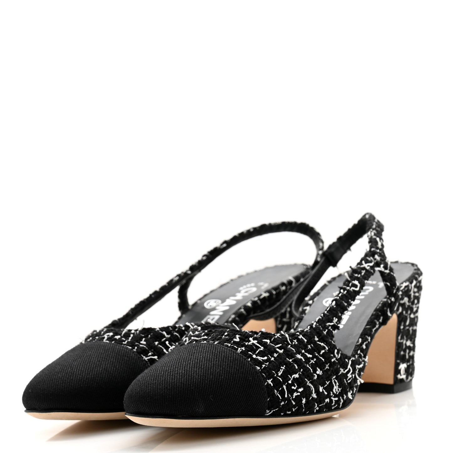 Tweed Grosgrain Cap Toe CC Slingback Pumps 38.5 Black White