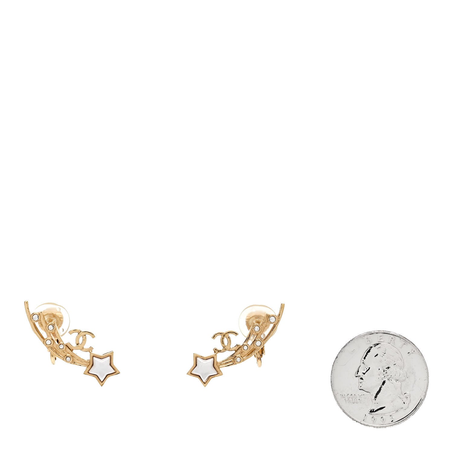 Chanel Metal Crystal Pearl CC Star Fall Earrings Gold Pearly White 2 of 5