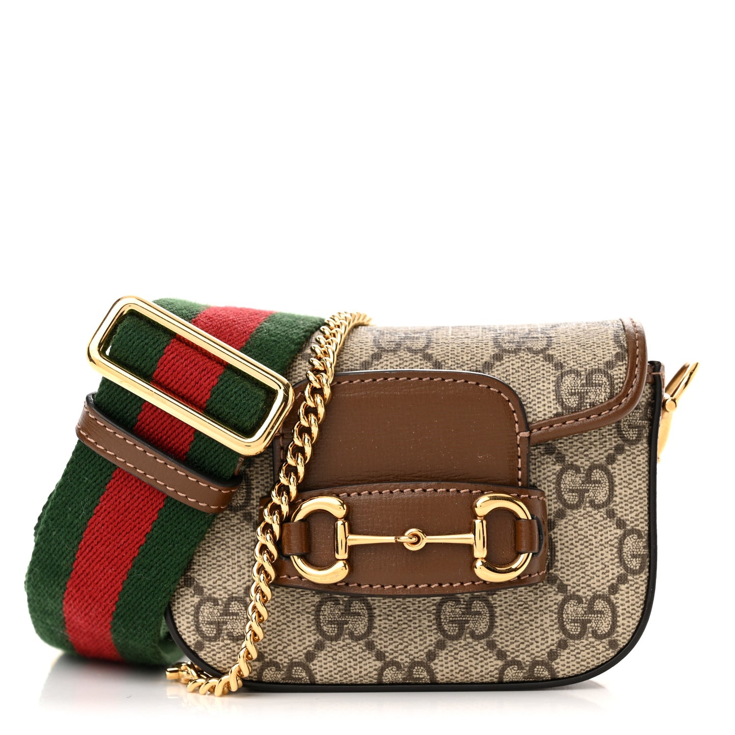 GG Supreme Monogram Azalea Calfskin Web Horsebit 1955 Wallet On Strap Beige Ebony Brown Sugar
