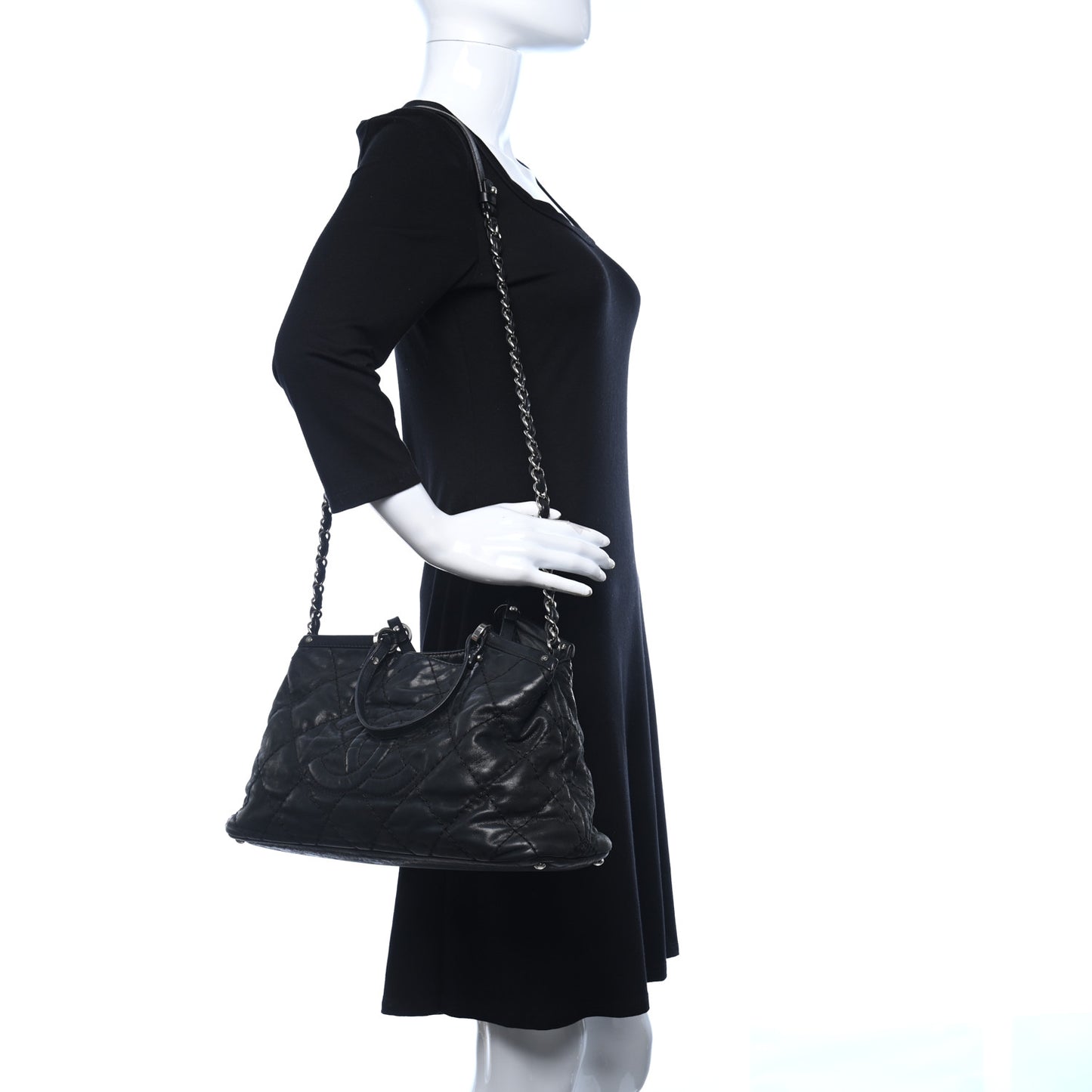 Iridescent Calfskin Stitched CC Shopping Tote Black