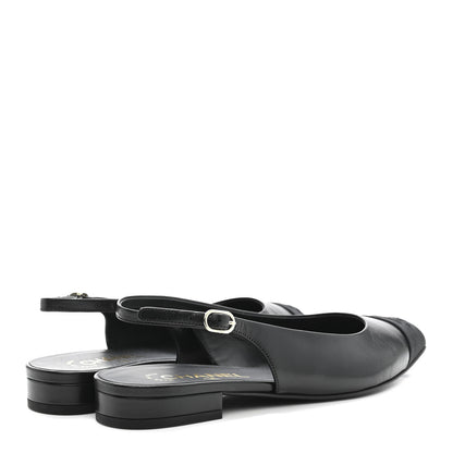 Chanel Goatskin Grosgrain Pointed Toe CC Slingback Flats 37 Black 5 of 11
