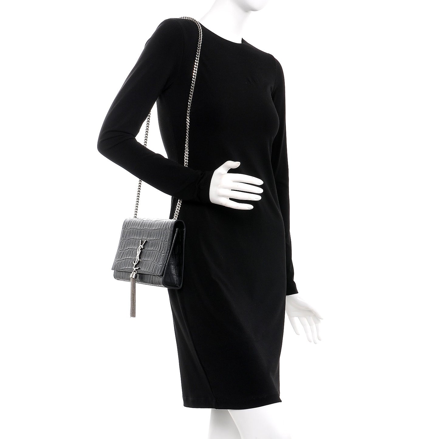 Calfskin Crocodile Embossed Medium Classic Monogram Kate Tassel Satchel Black