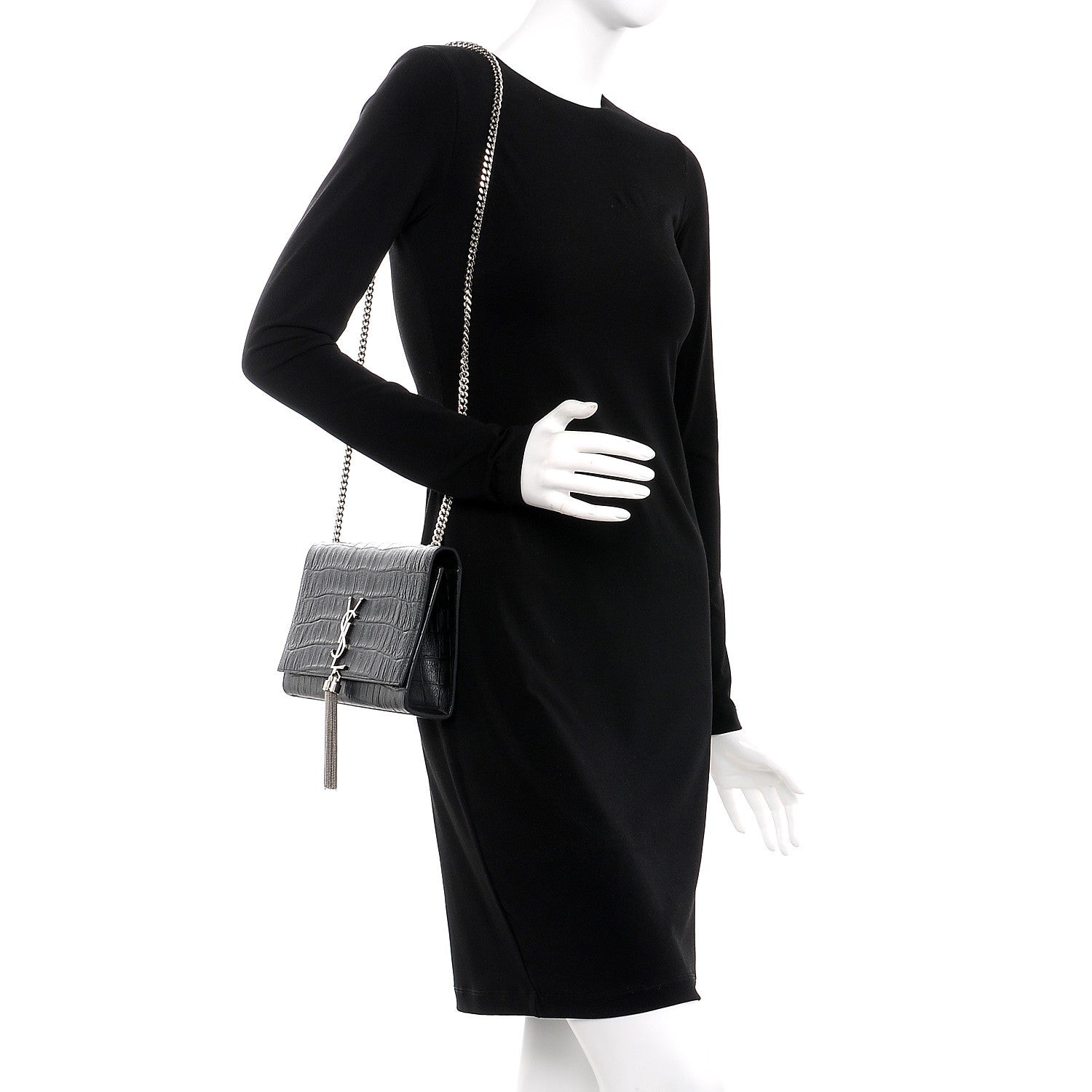 Saint Laurent Calfskin Crocodile Embossed Medium Classic Monogram Kate Tassel Satchel Black 2 of 8