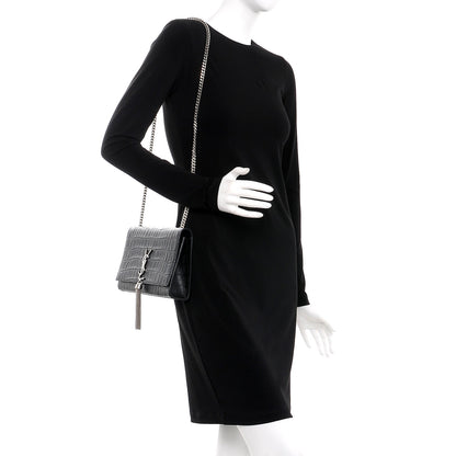 Saint Laurent Calfskin Crocodile Embossed Medium Classic Monogram Kate Tassel Satchel Black 2 of 8