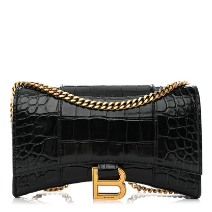 Balenciaga Shiny Calfskin Crocodile Embossed Hourglass Chain Bag Black 1 of 10