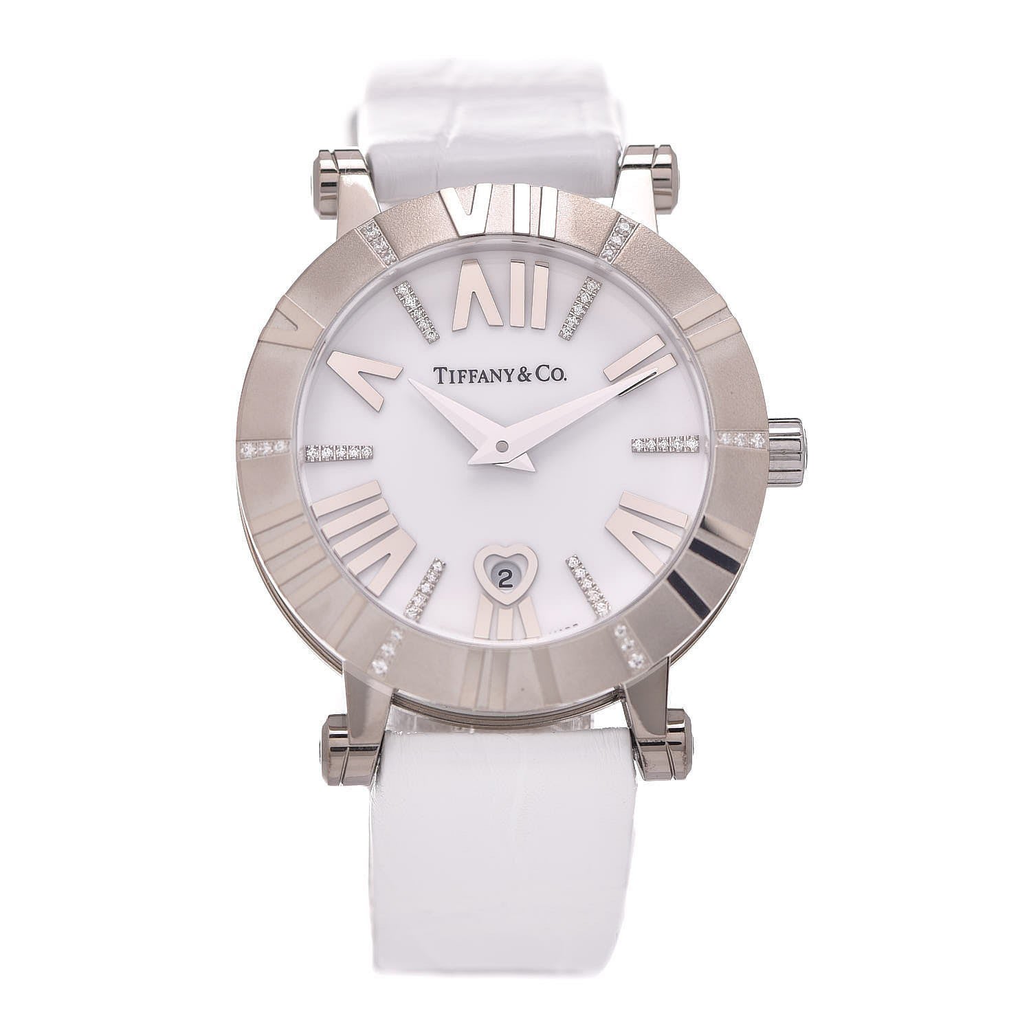 Tiffany 18K White Gold Alligator Diamond 30mm Atlas Quartz Watch 1 of 7
