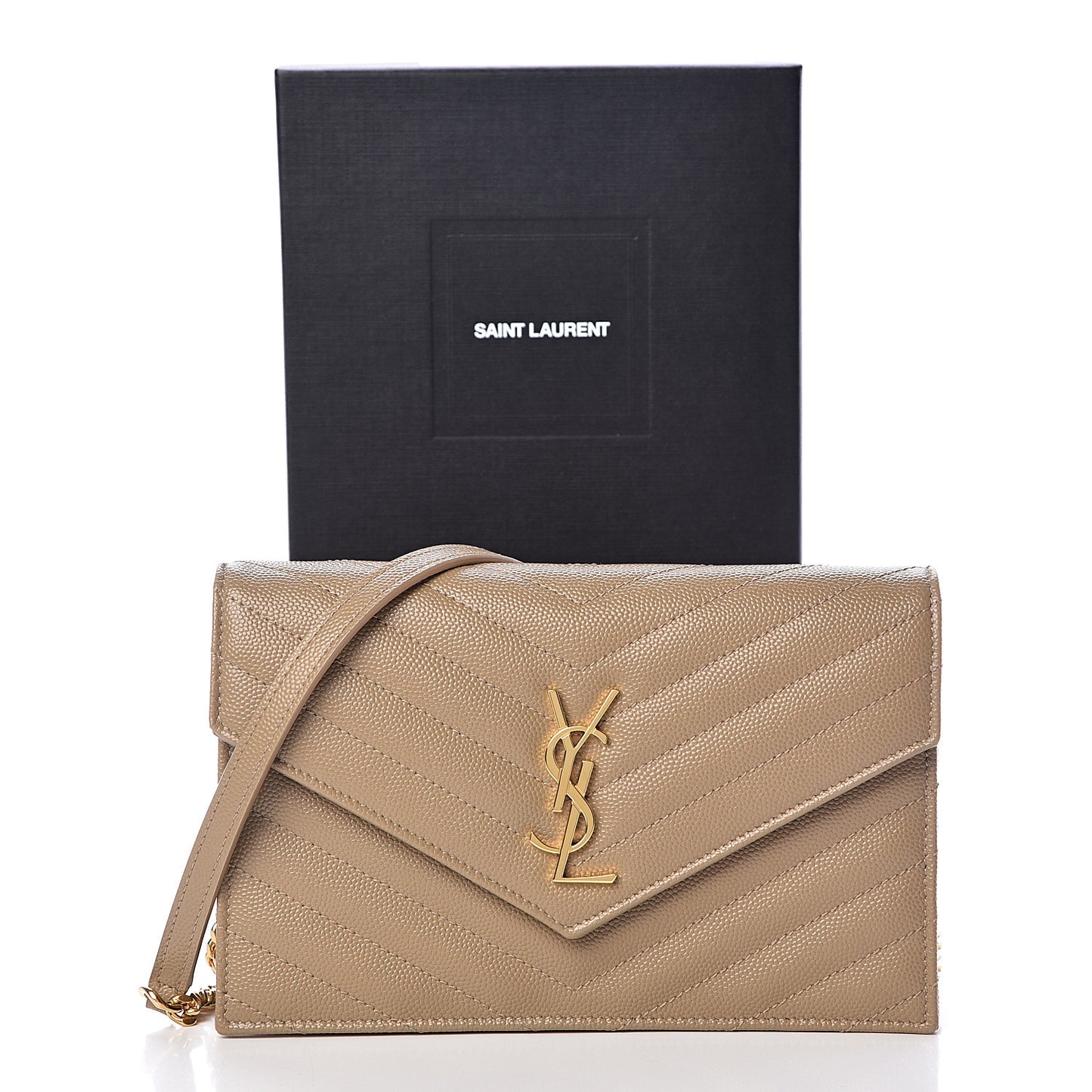 Grain De Poudre Matelasse Chevron Monogram Envelope Chain Wallet Dark Latte