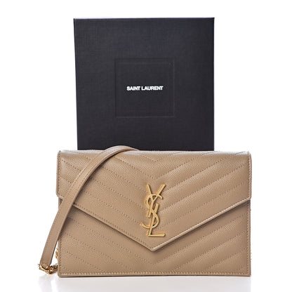 Saint Laurent Grain De Poudre Matelasse Chevron Monogram Envelope Chain Wallet Dark Latte 10 of 10