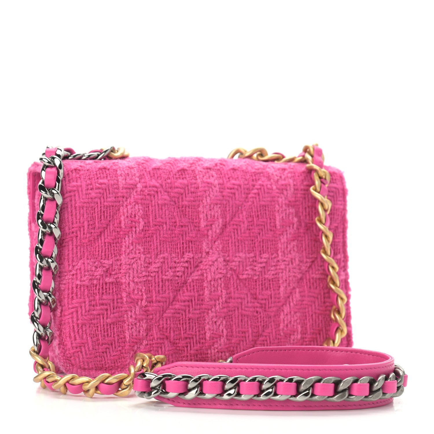 Chanel Wool Tweed Lambskin Quilted Chanel 19 Wallet On Chain WOC and Coin Purse Fuchsia 4 of 13