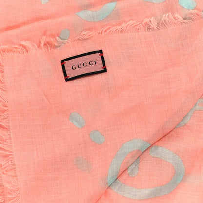 Gucci Modal Silk GG Writers Fringe Shawl Old Rose Sky Blue 3 of 3