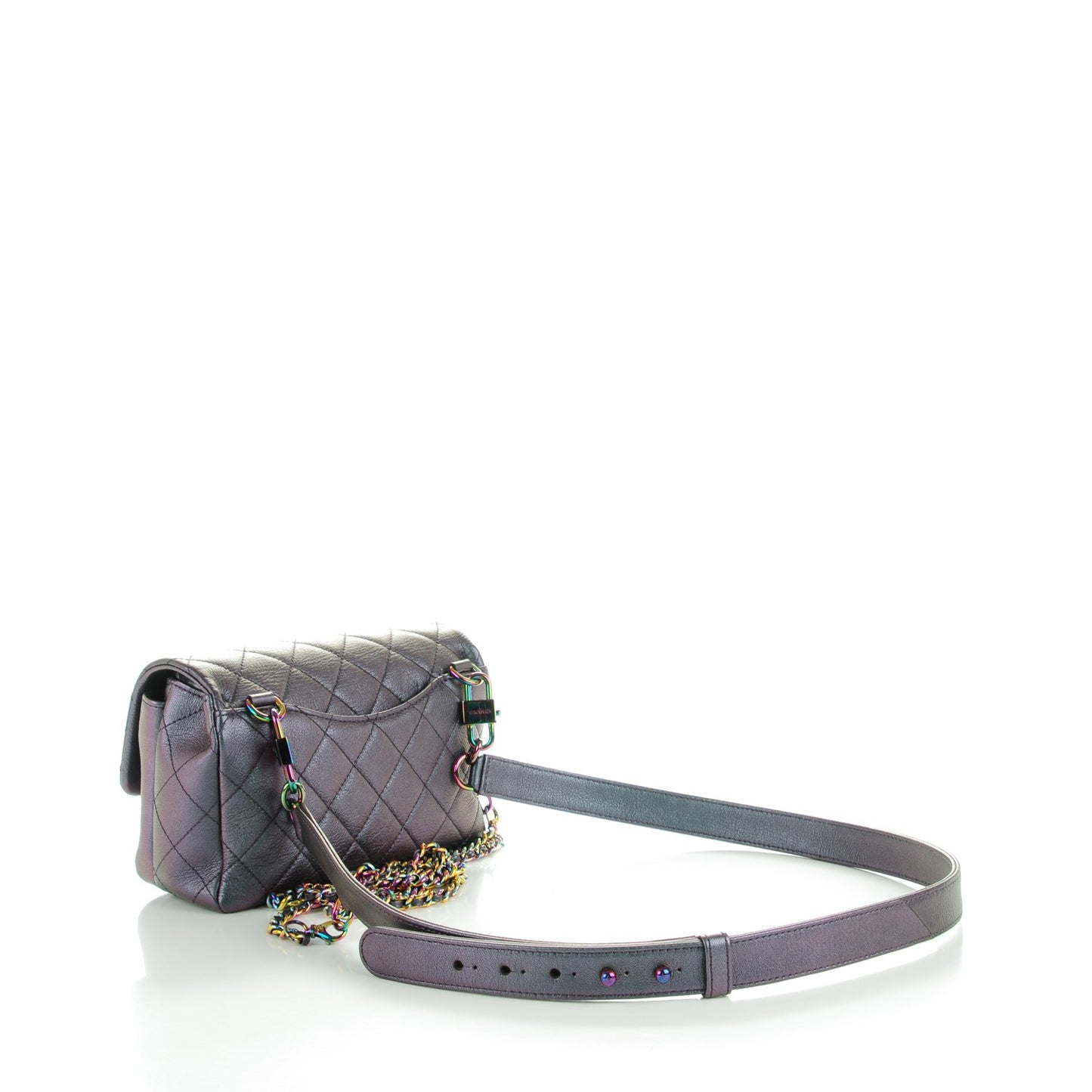 Iridescent Goatskin Quilted Small Double Carry Waist Chain Flap Purple