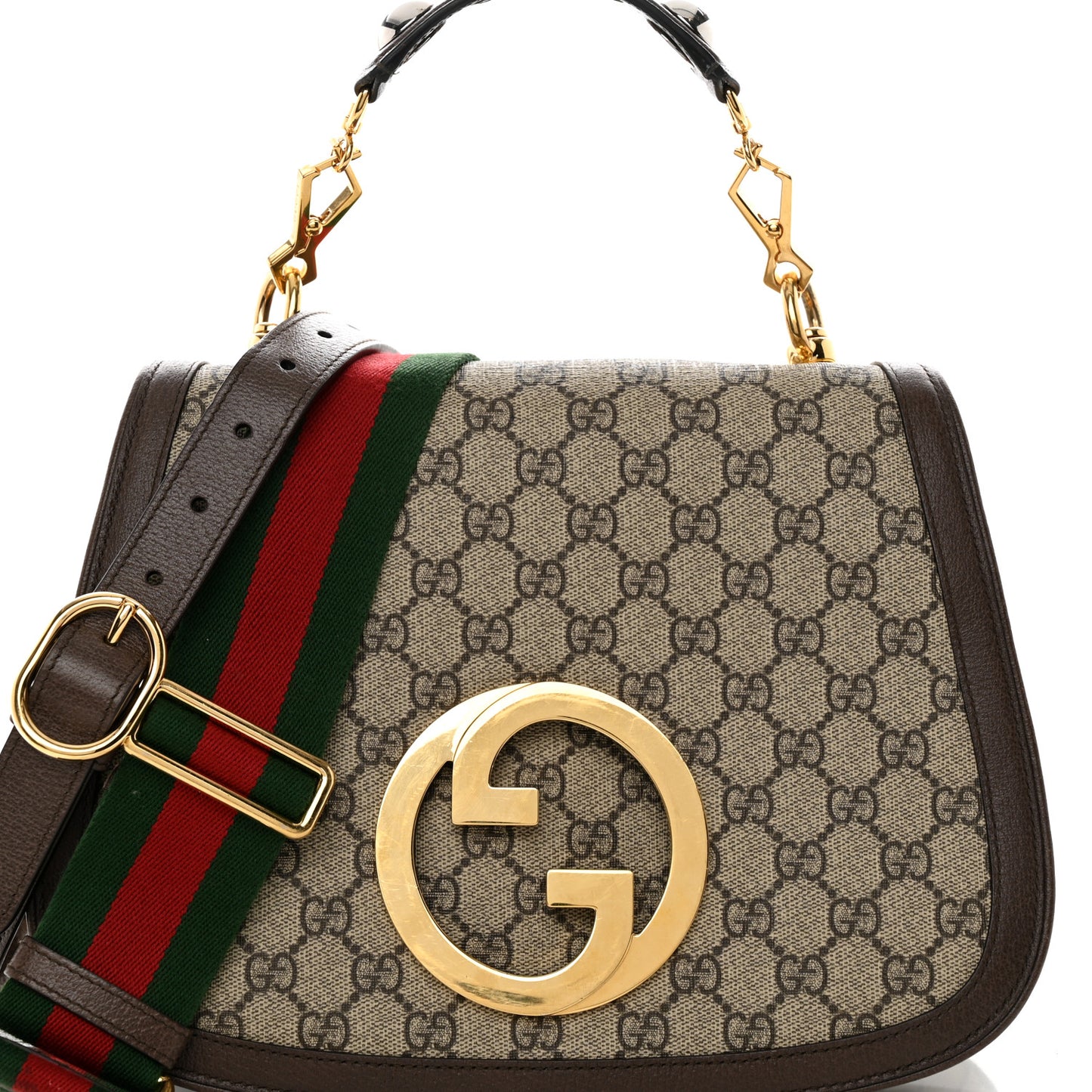 GG Supreme Monogram Textured Dollar Calfskin Web Medium Blondie Top Handle Shoulder Flap Bag Beige Ebony New Acero