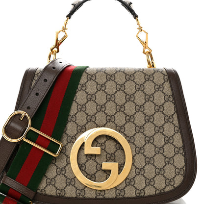Gucci GG Supreme Monogram Textured Dollar Calfskin Web Medium Blondie Top Handle Shoulder Flap Bag Beige Ebony New Acero 9 of 15