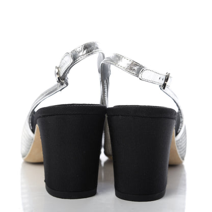 Chanel Woven Plastic Grosgrain Cap Toe CC Slingback Pumps 39 Black Silver 6 of 10