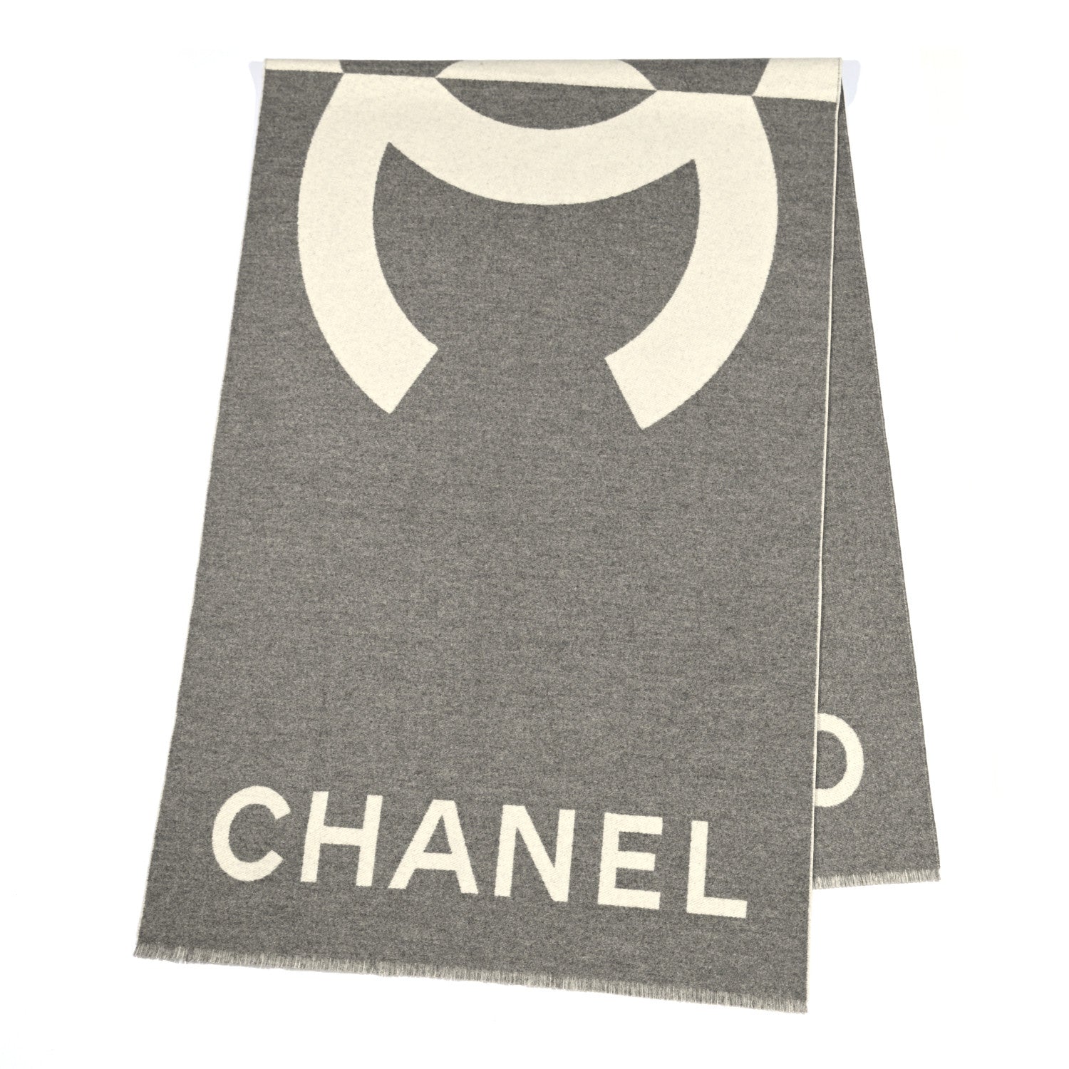Chanel Cashmere CC Fringe Stole Grey White 3 of 5