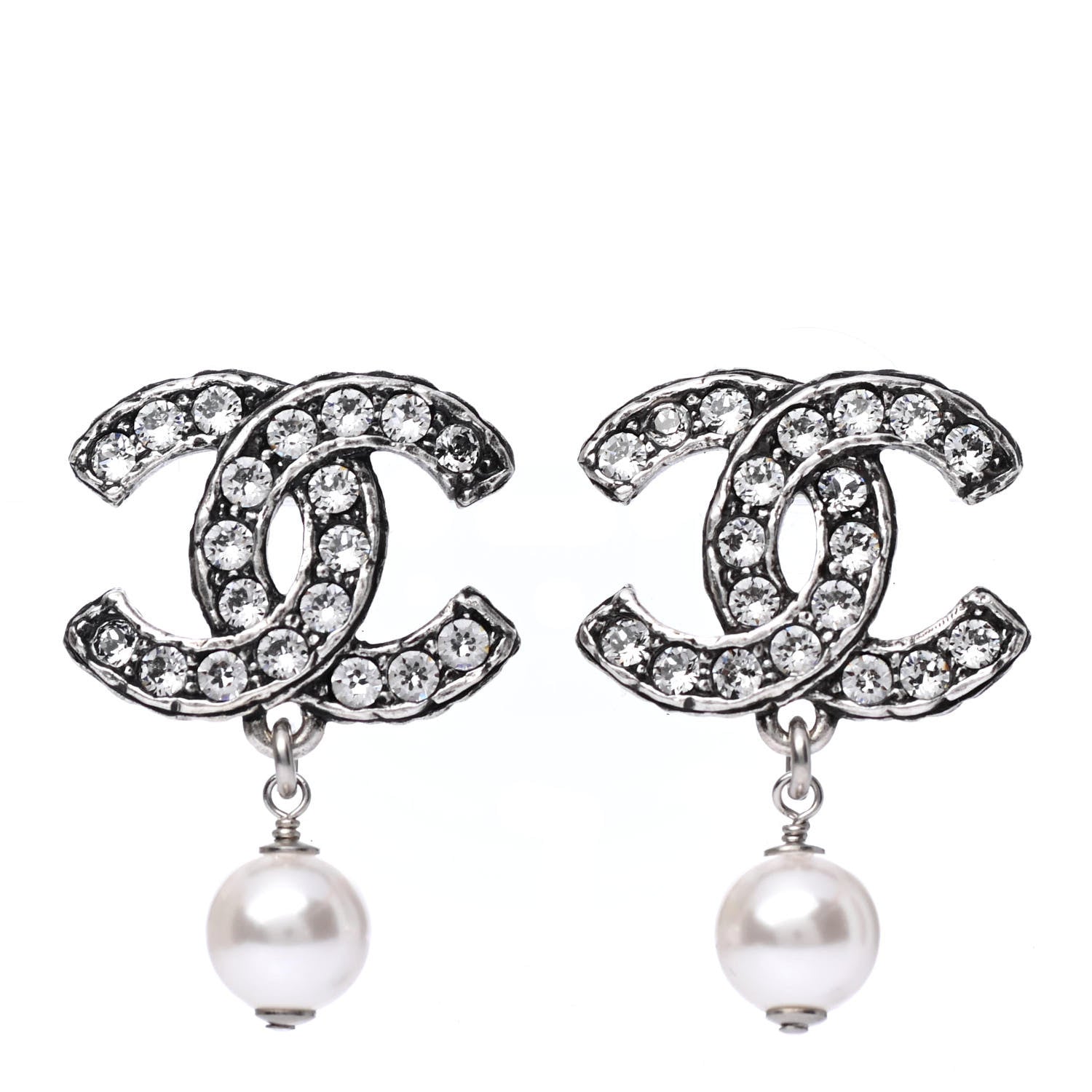 Chanel Crystal Pearl CC Drop Earrings Silver 1 of 4
