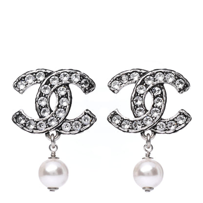 Chanel Crystal Pearl CC Drop Earrings Silver 1 of 4