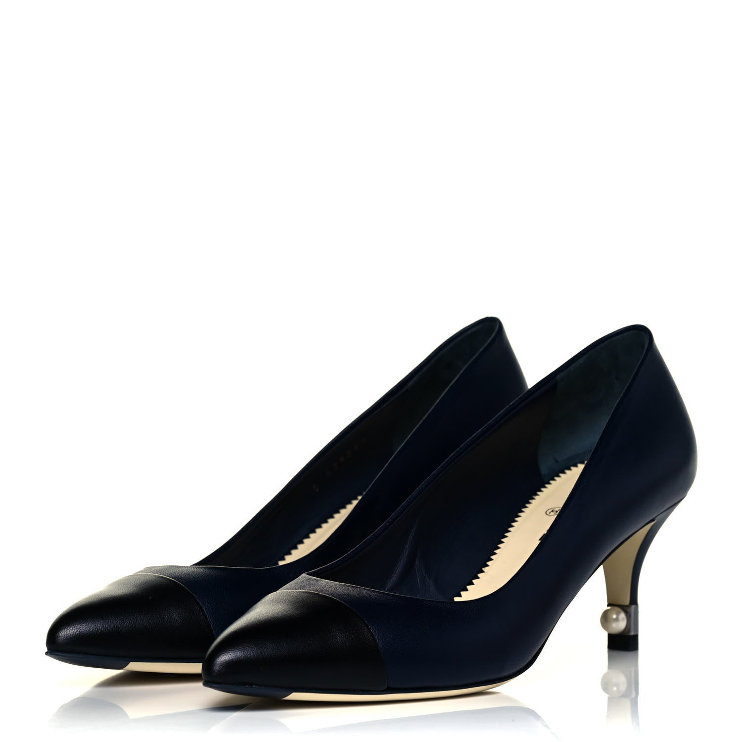 Chanel Lambskin Pearl Cap Toe Pumps 37 Navy Blue Black 3 of 10