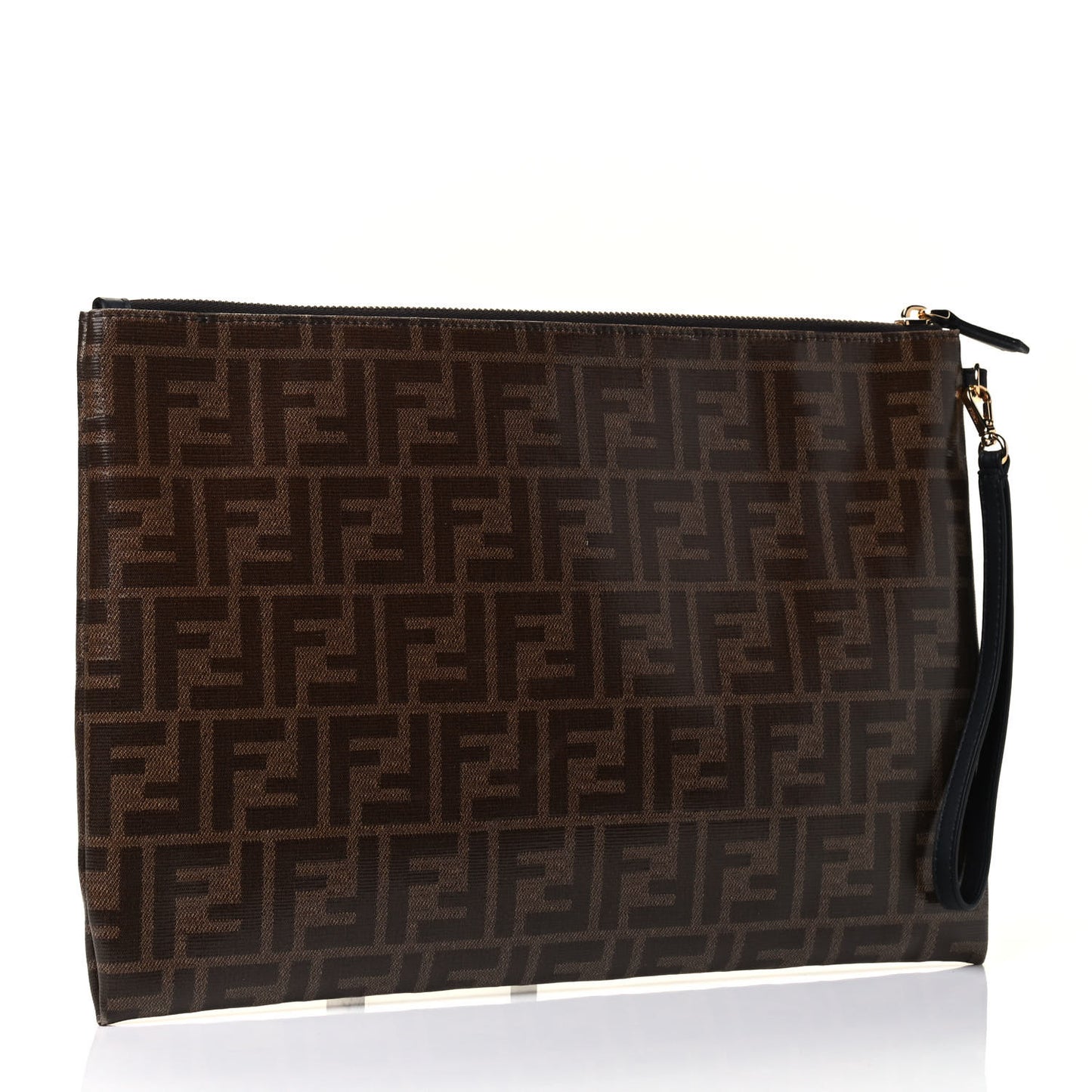 Glazed Fabric Vitello Century FF 1974 Stamp Patch Large Flat Pouch Mogano Panna Black
