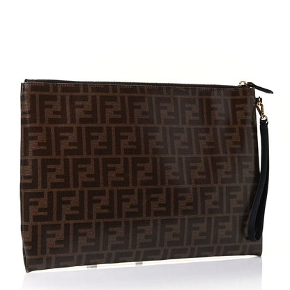 Fendi Glazed Fabric Vitello Century FF 1974 Stamp Patch Large Flat Pouch Mogano Panna Black 2 of 4