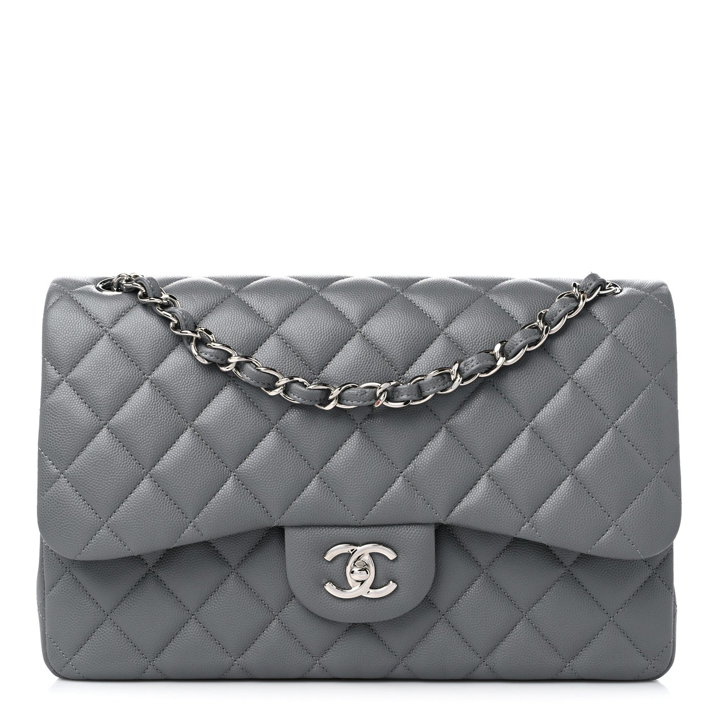 Caviar Quilted Jumbo Double Flap Grey