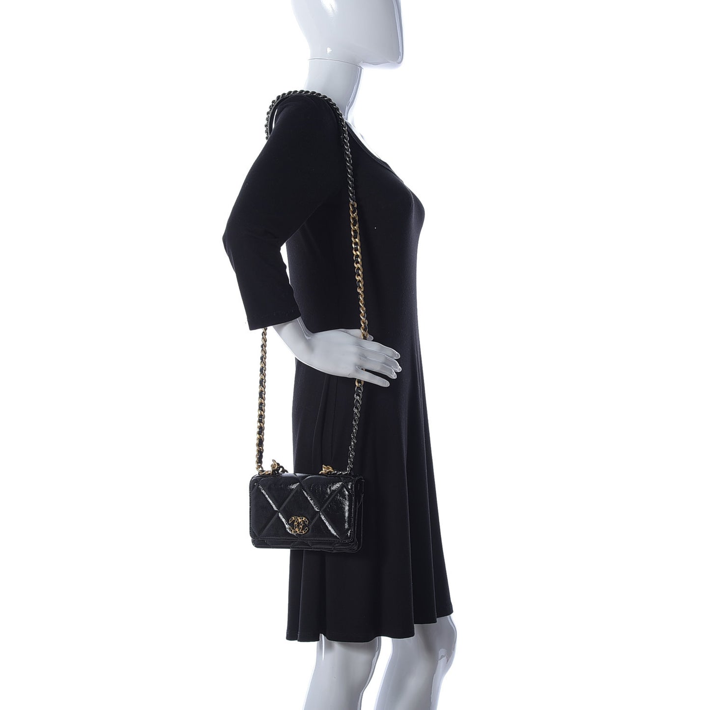 Shiny Crumpled Calfskin Quilted Chanel 19 Wallet On Chain WOC Black