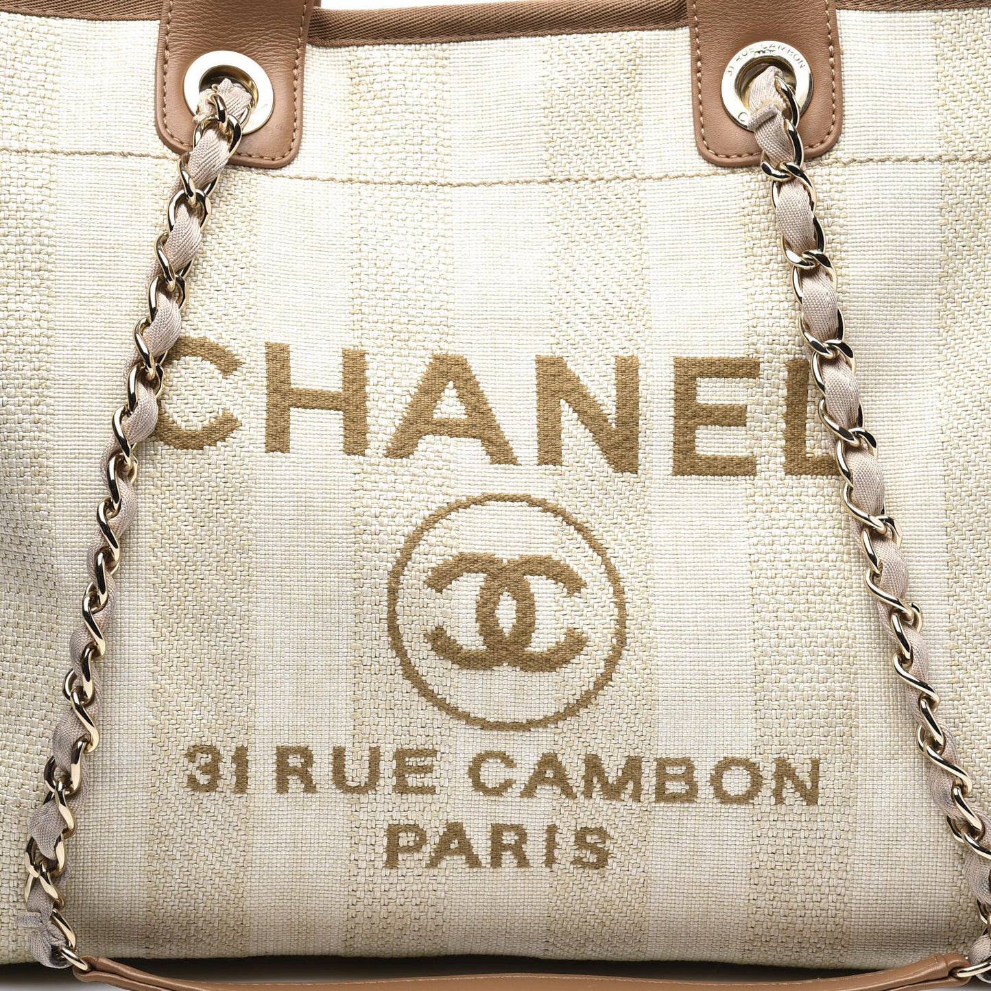 Straw Raffia Calfskin Striped Medium Deauville Tote Beige