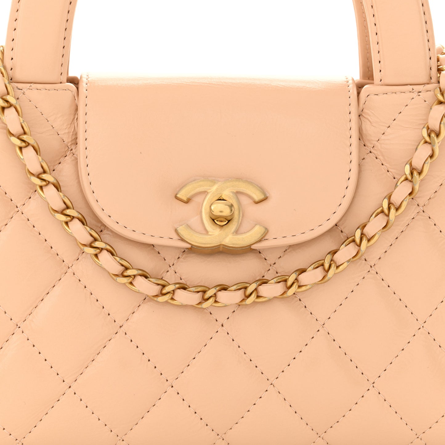 Shiny Aged Calfskin Quilted Nano Kelly Shopper Beige