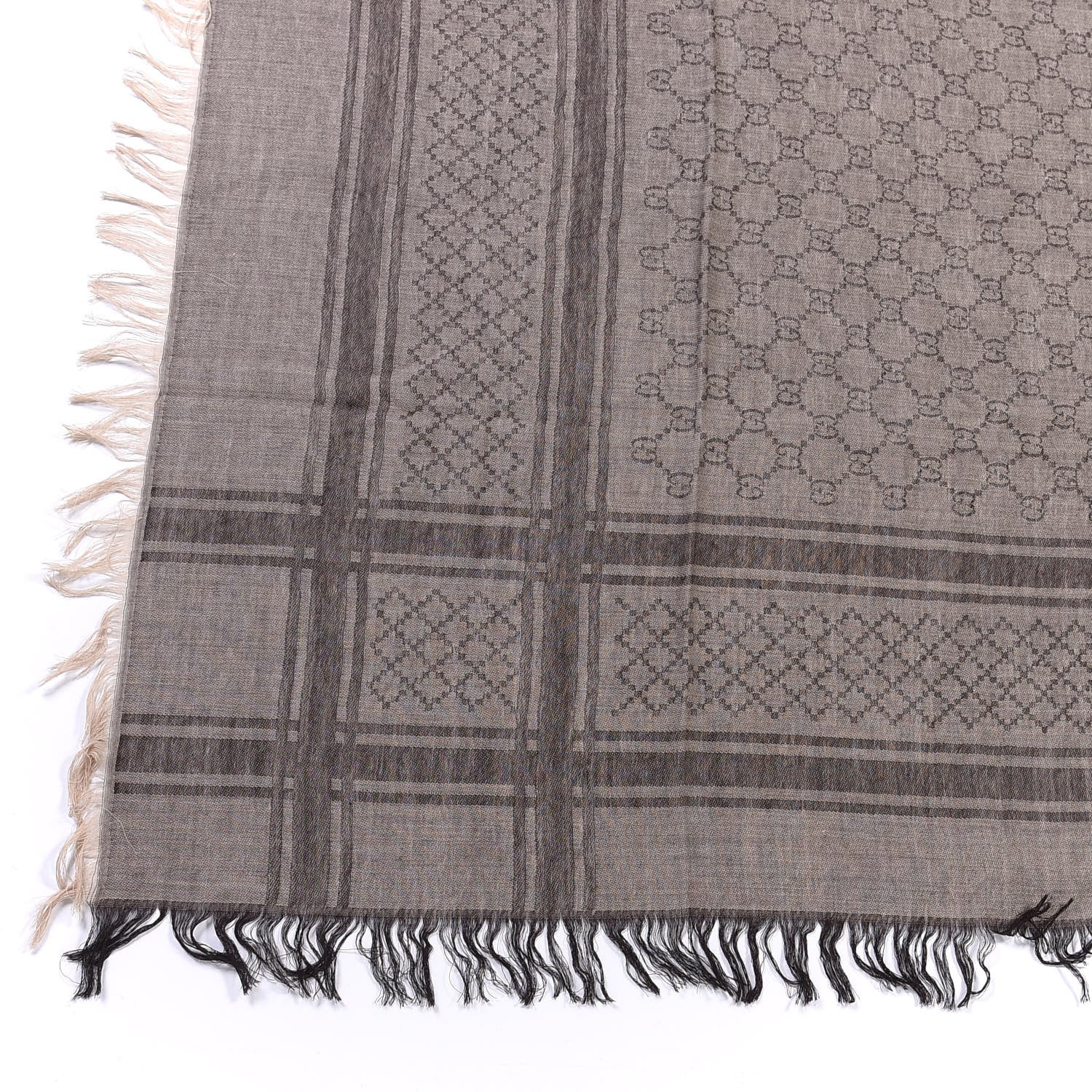 Gucci Wool Silk GG Monogram Diamante Plaid Surviee Shawl Beige Dark Brown 2 of 4