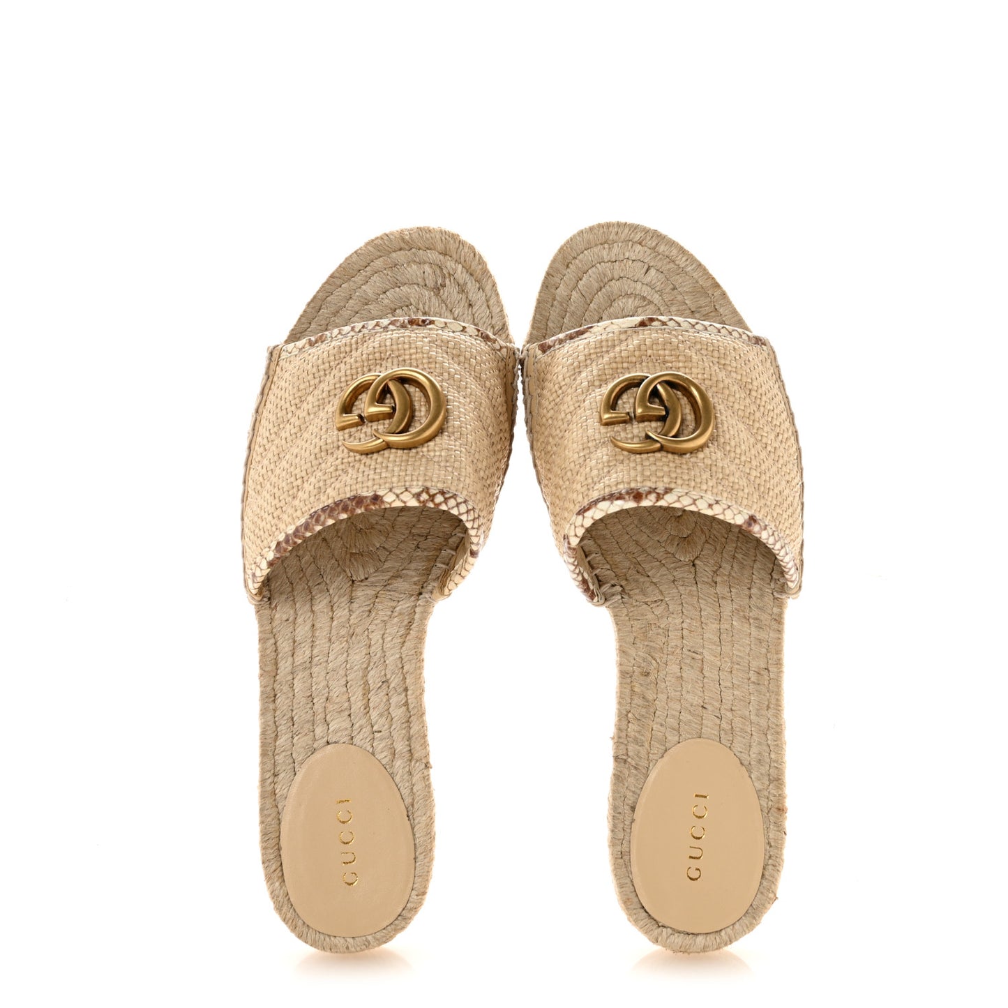 Straw Elaphe Matelasse GG Marmont Espadrille Slide Sandals 39 Natural Cream Brown