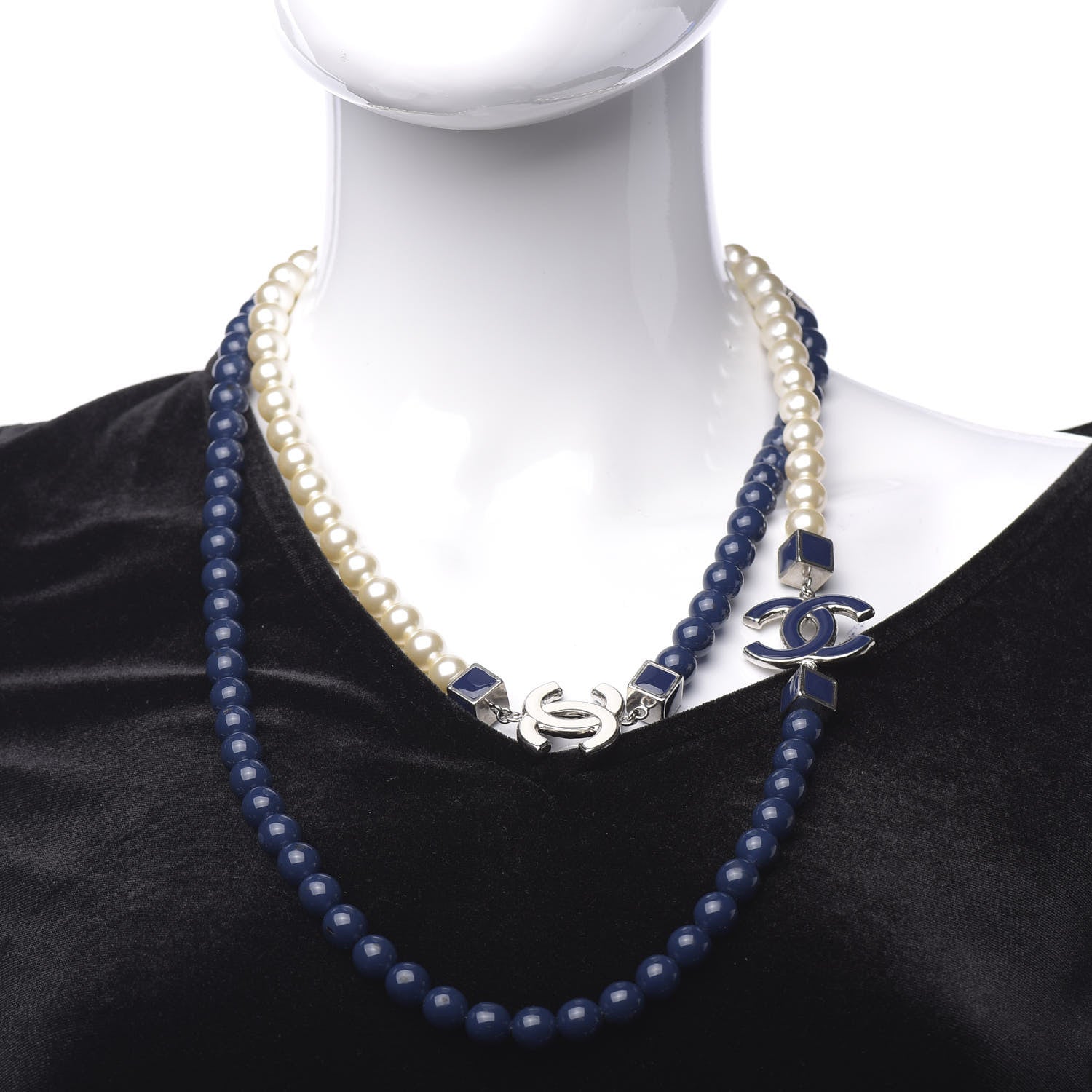Chanel Pearl Beaded Enamel CC Long Necklace Navy Silver 2 of 6