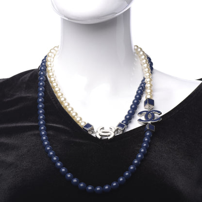 Chanel Pearl Beaded Enamel CC Long Necklace Navy Silver 2 of 6
