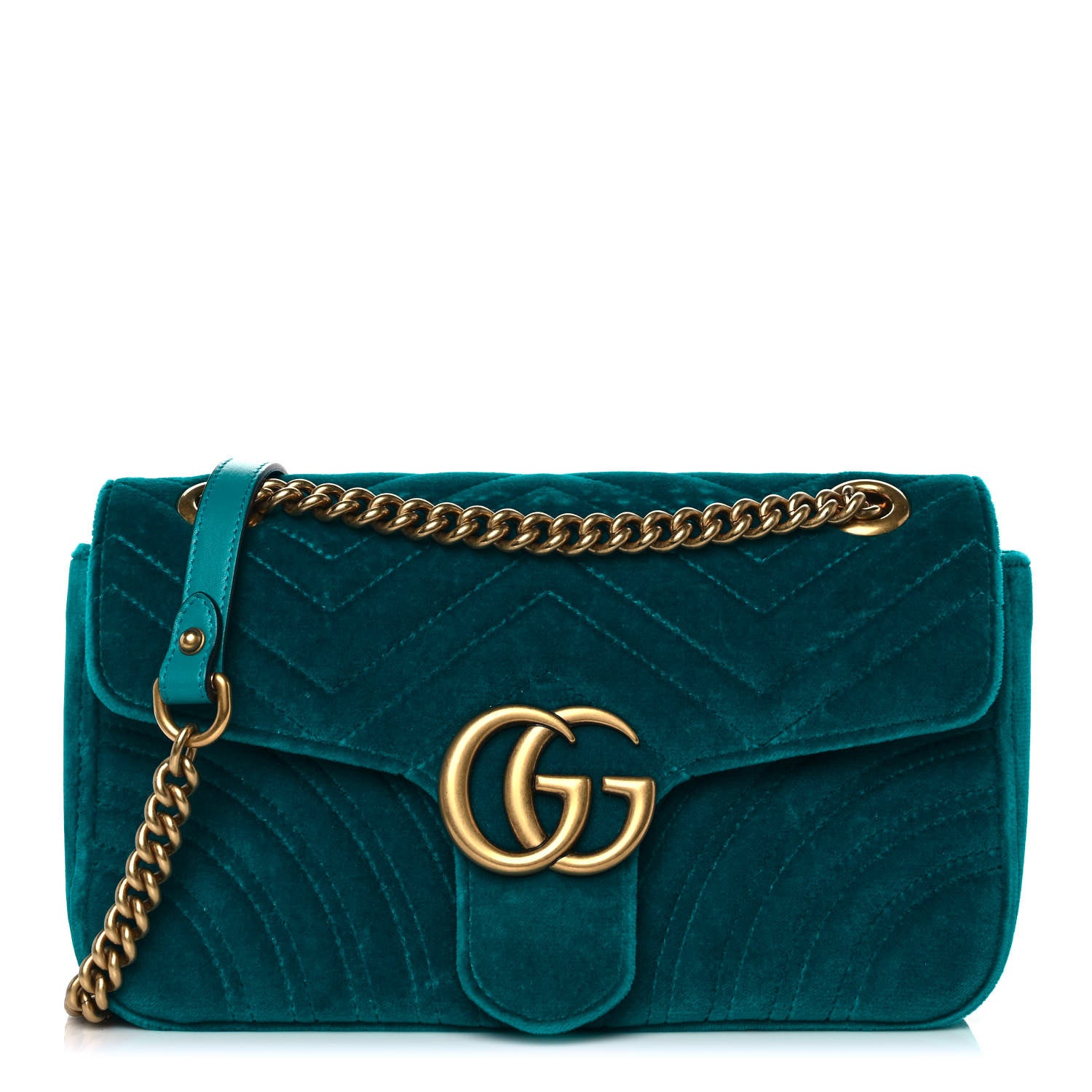 Gucci Velvet Matelasse Small GG Marmont Shoulder Bag Pavone Cyan 1 of 10