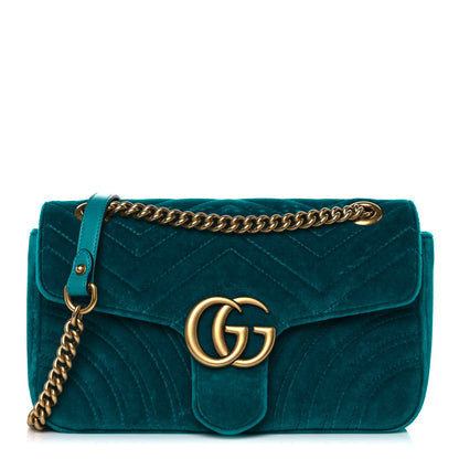 Gucci Velvet Matelasse Small GG Marmont Shoulder Bag Pavone Cyan 1 of 10