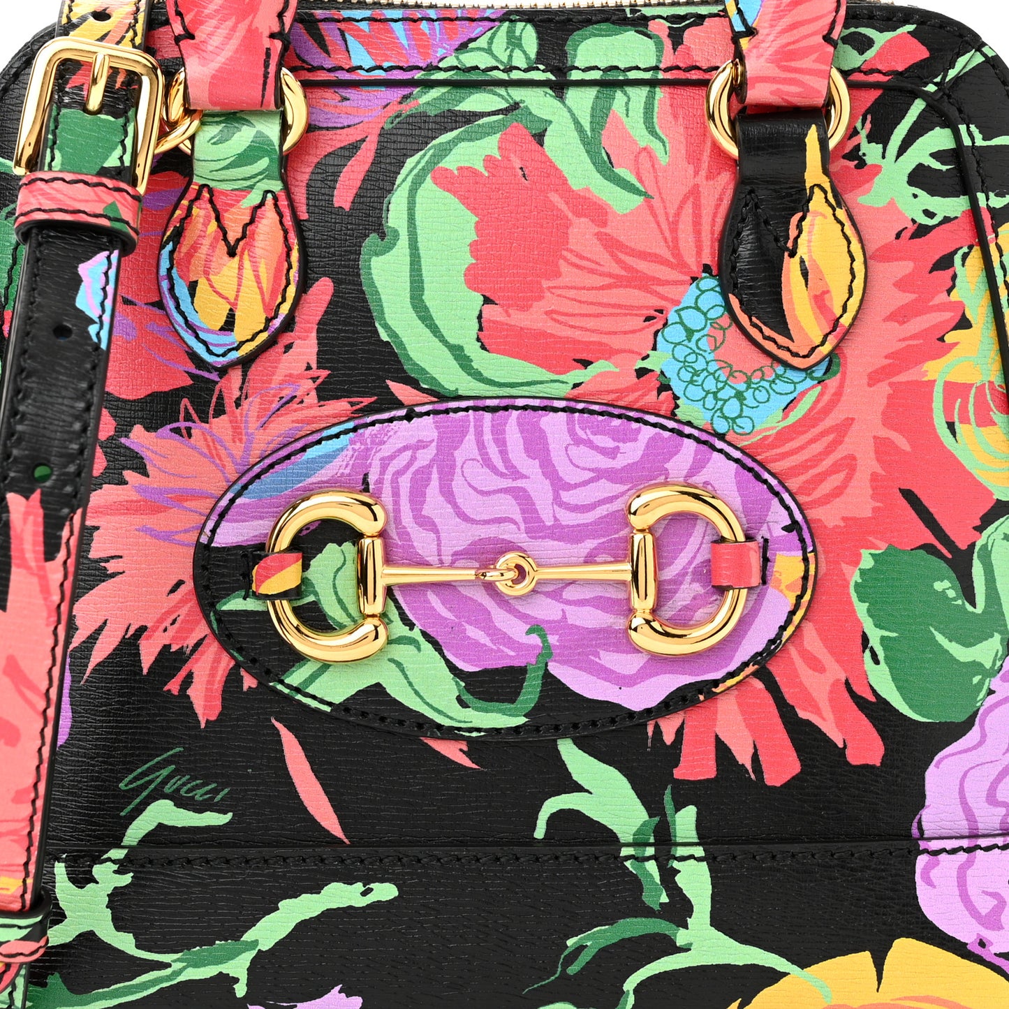 X KEN SCOTT New Shangai Calfskin Jenny Floral Print Mini Horsebit 1955 Top Handle Bag Black Pink