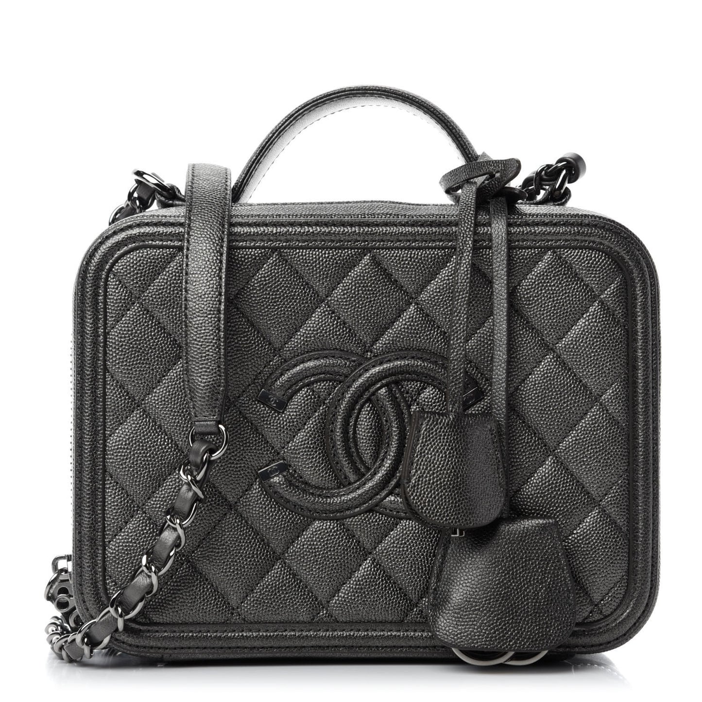 Metallic Caviar Quilted Medium CC Filigree Vanity Case Dark Silver