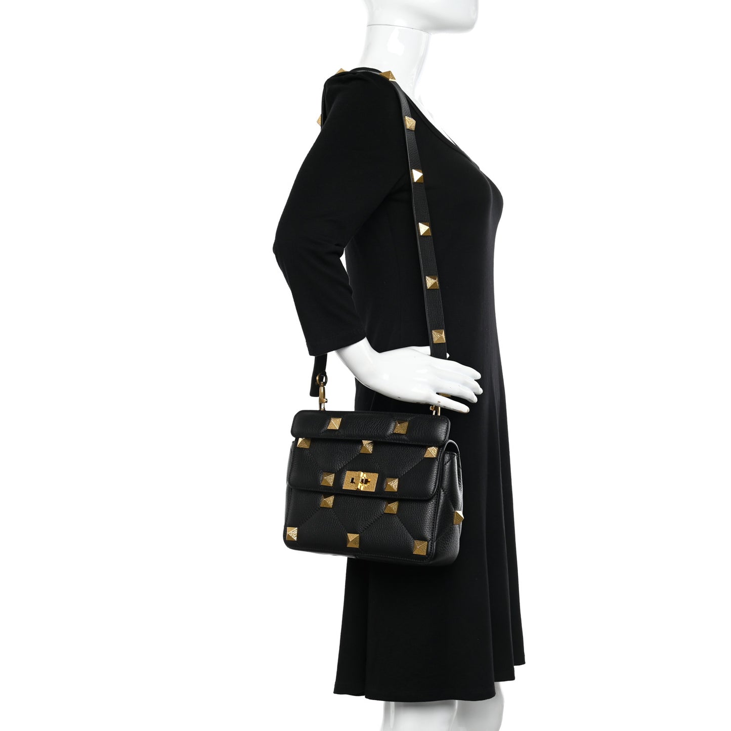 Grained Calfskin Medium Roman Stud Shoulder Bag Black