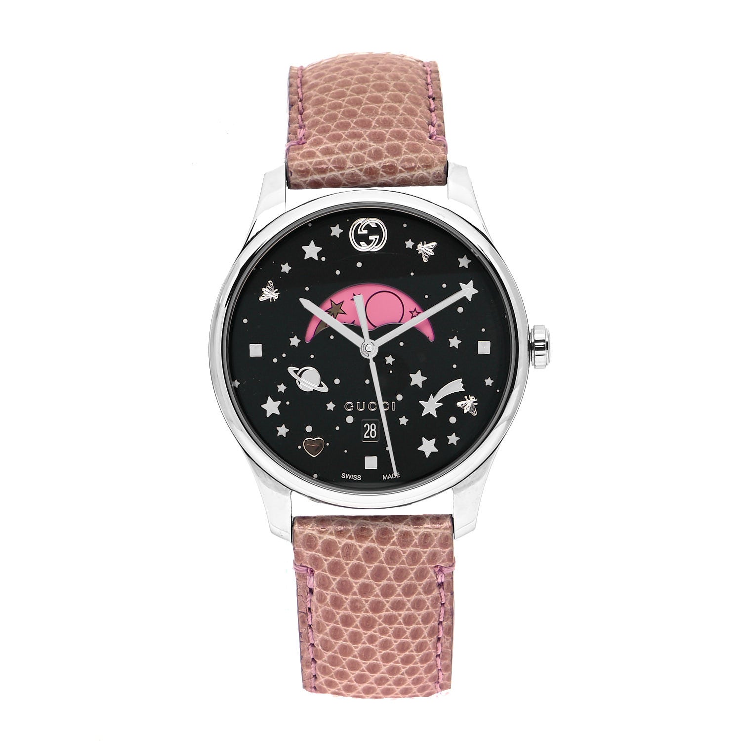 Gucci Stainless Steel Lizard 38mm G-Timeless Moonphase Star Planet Quartz Watch Black 1 of 5