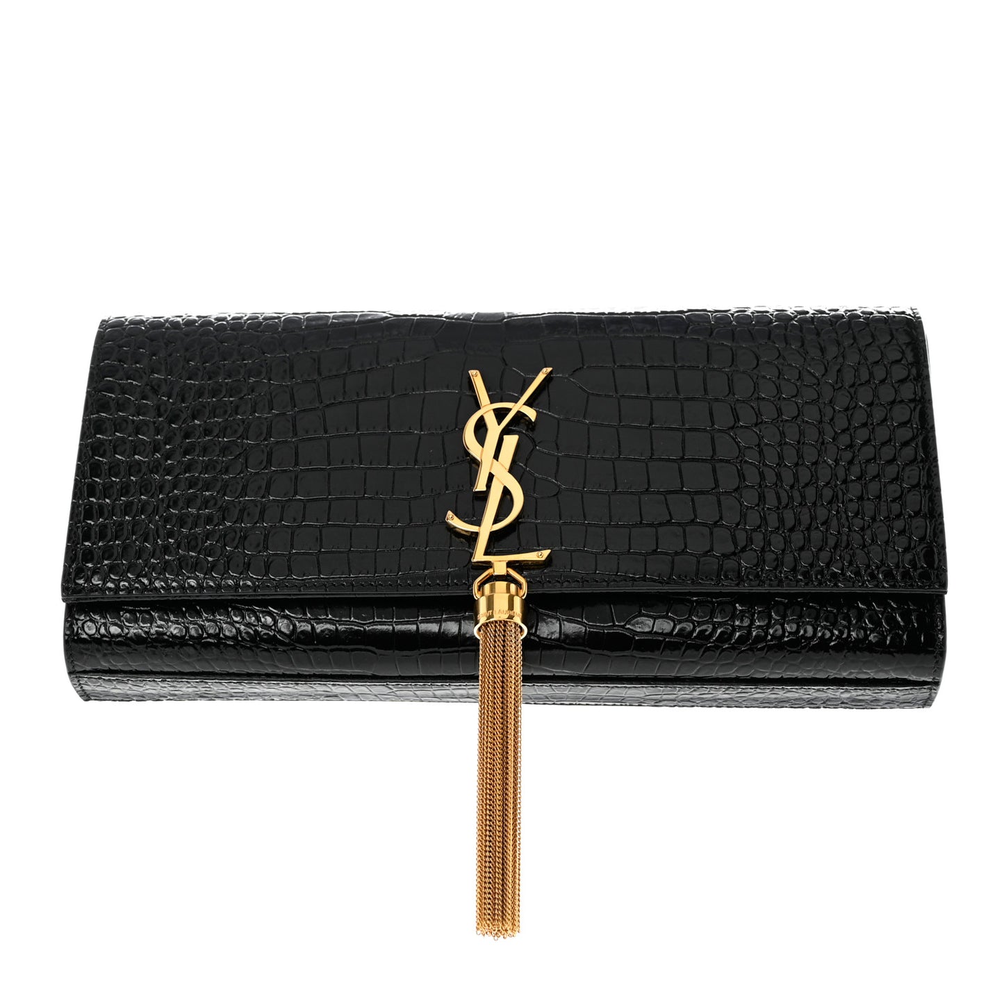 Calfskin Crocodile Embossed Classic Monogram Tassel Clutch Black